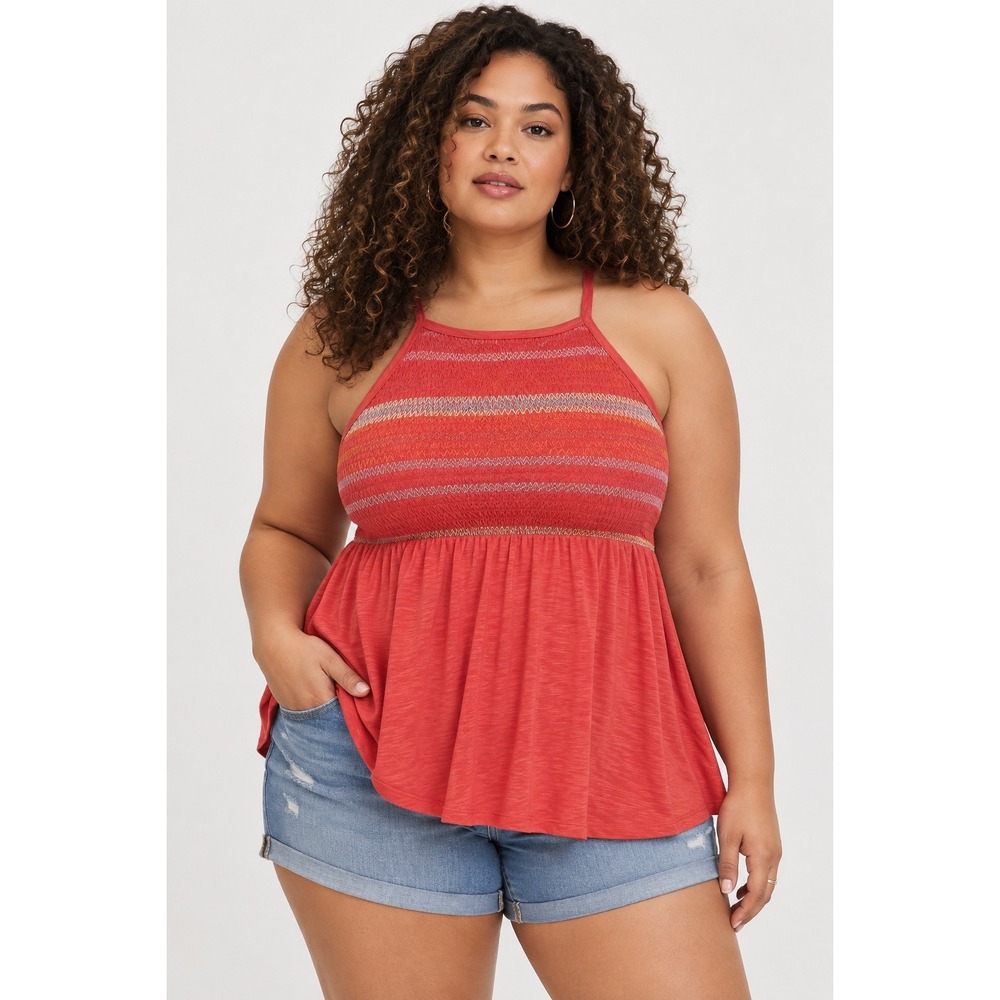 Torrid Smocked Babydoll Top 0 L Coral Boho Embroidered NWT